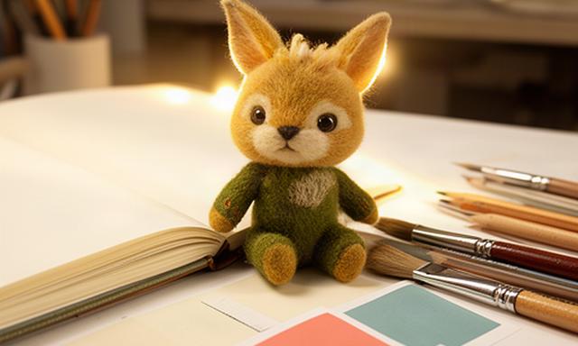 Kleine fantasierijke mascotte tussen schetsboeken en kleurstalen in een studio