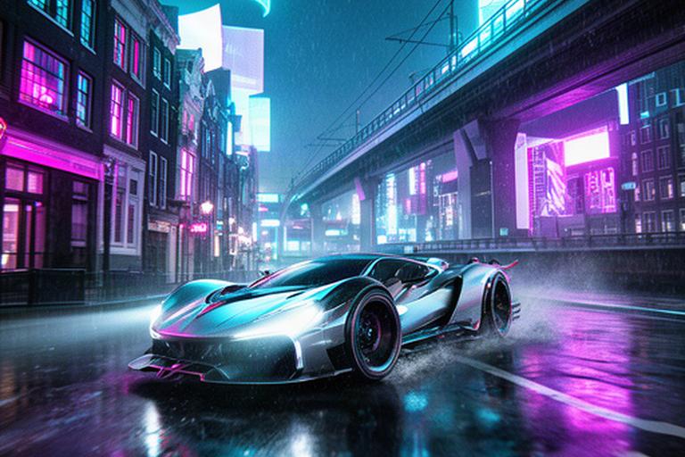Futuristische racewagen op een natte neonstraat in Amsterdam