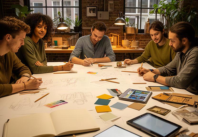 Het team van Nederland official App werkt samen aan concepttekeningen in een Amsterdamse studio